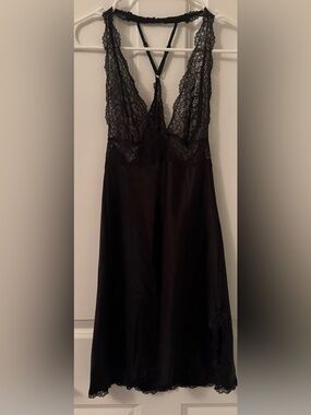 Victoria's Secret Black Lace-Trim Satin Chemise with Strappy Back